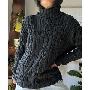 vtg 80s Moda Intl black cotton turtleneck chunky cable knit Large sweater LS